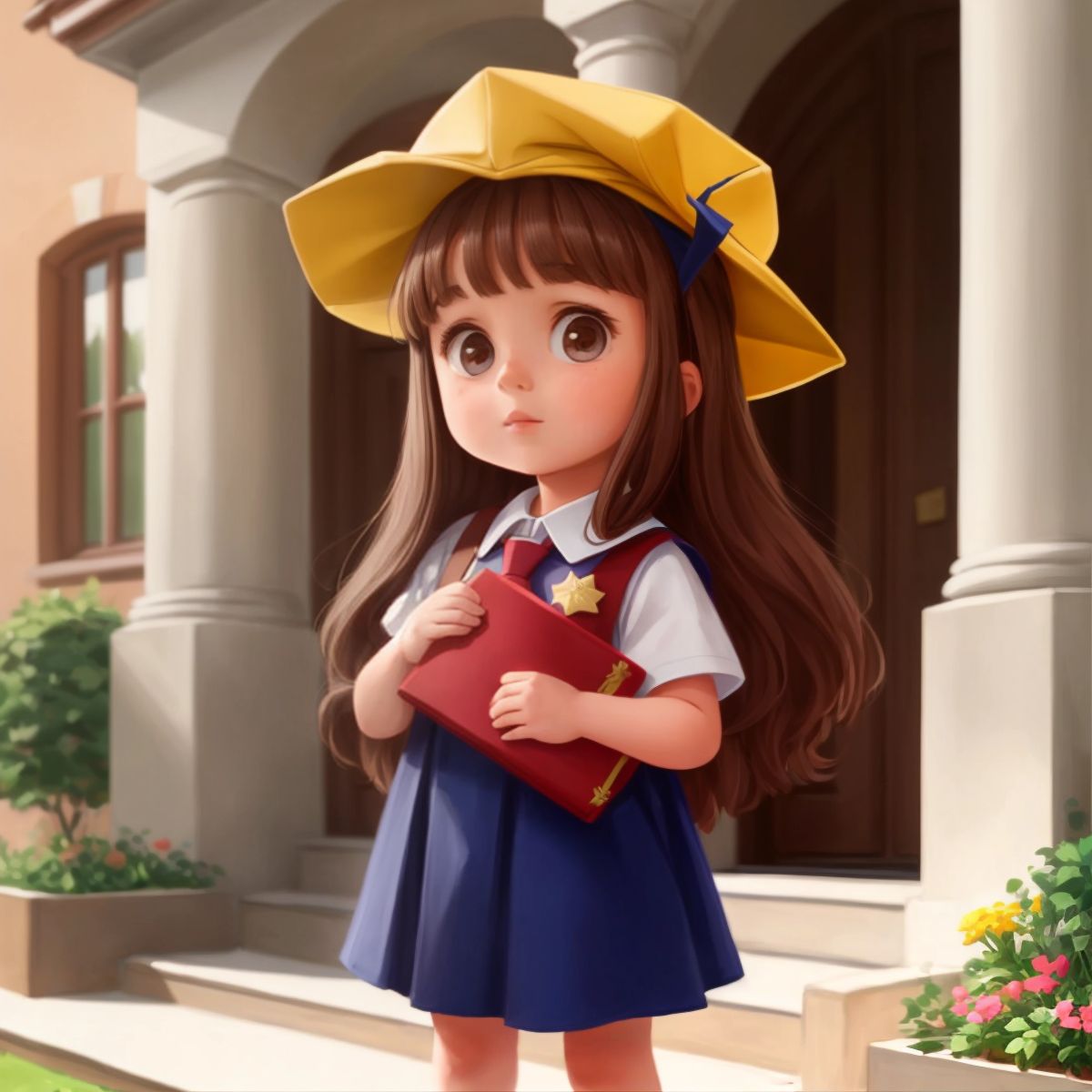 Ruby, wearing a graduation cap, standing in front of the school building