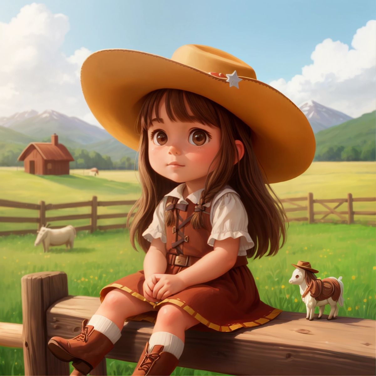 Ruby wearing a cowgirl hat, sitting on a fence with a ranch in the background