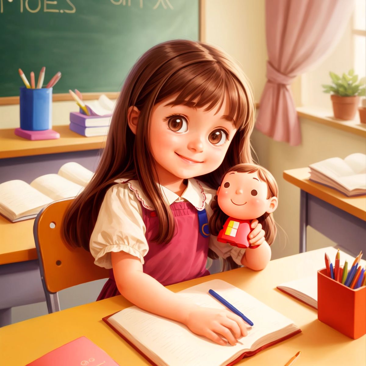 Ruby sitting at a desk in a classroom, smiling and holding a toy