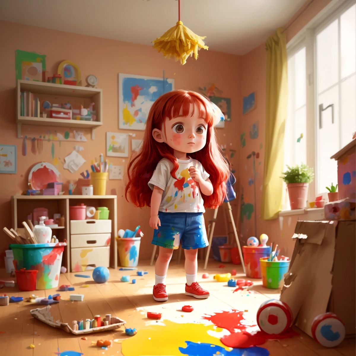 Lizzy standing in a messy room with toys and paint splattered everywhere