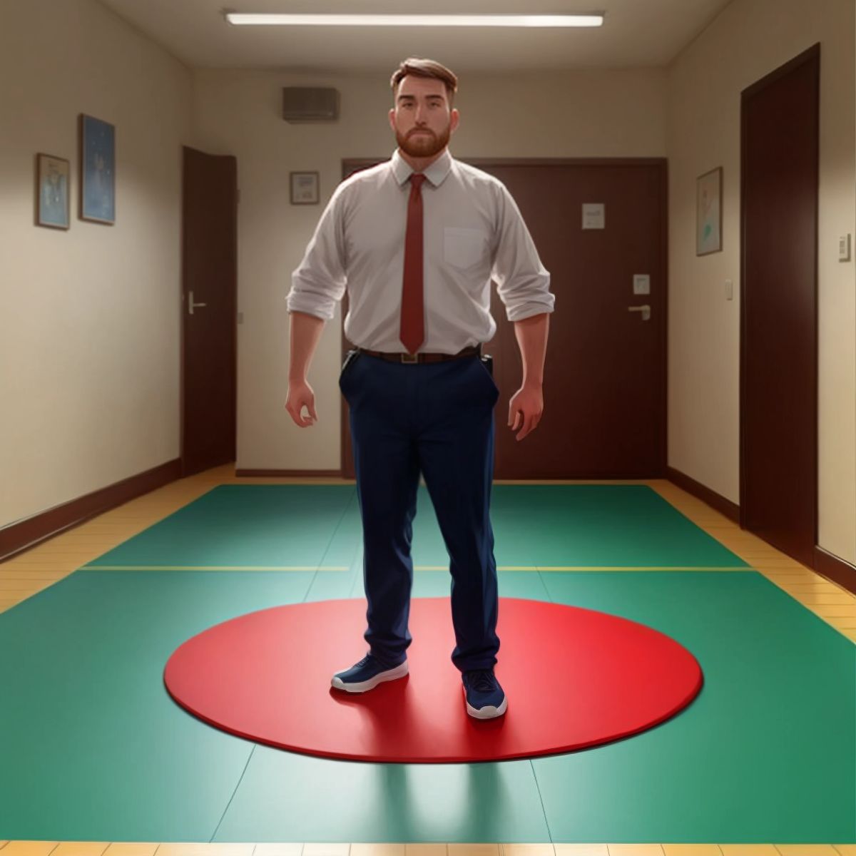 A man standing up from a mat, looking surprised
