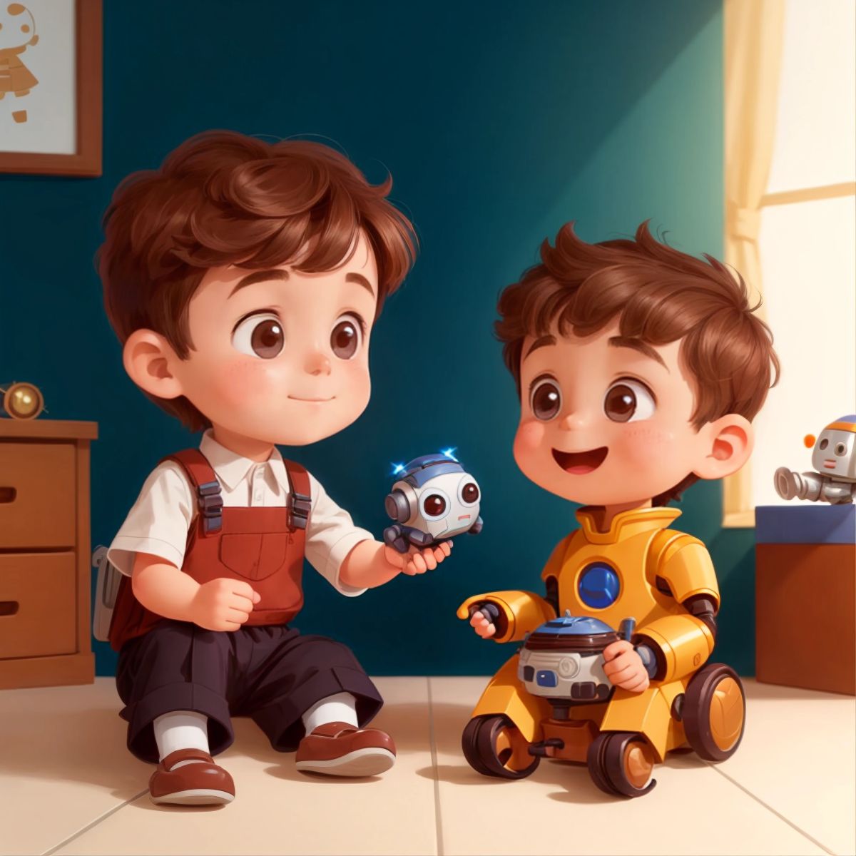 Radu and the robot having fun together