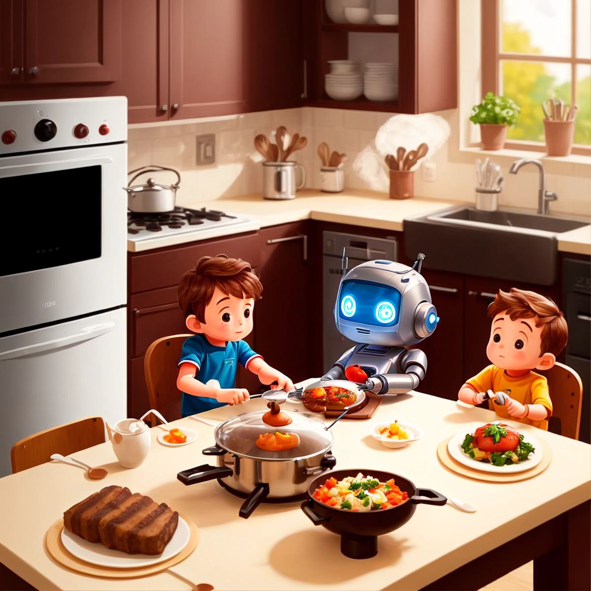 The robot cooking in a kitchen