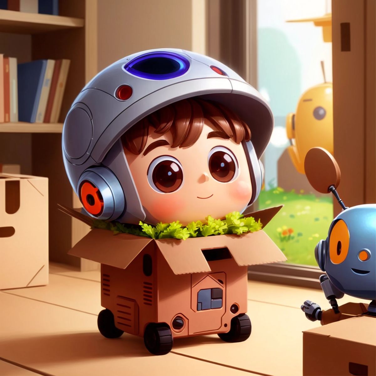 A small friendly robot popping out of the box