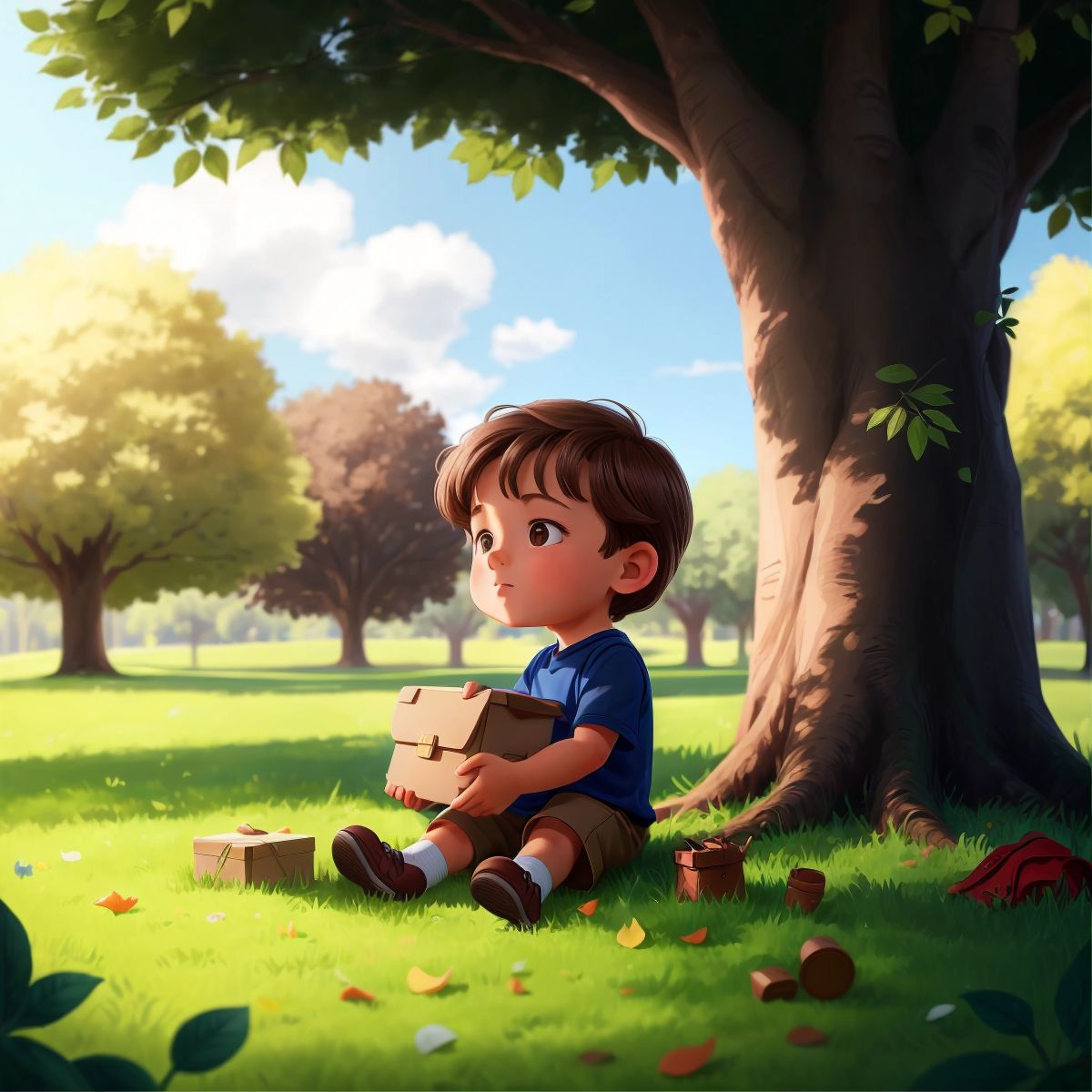 Radu looking at a mysterious box under a tree