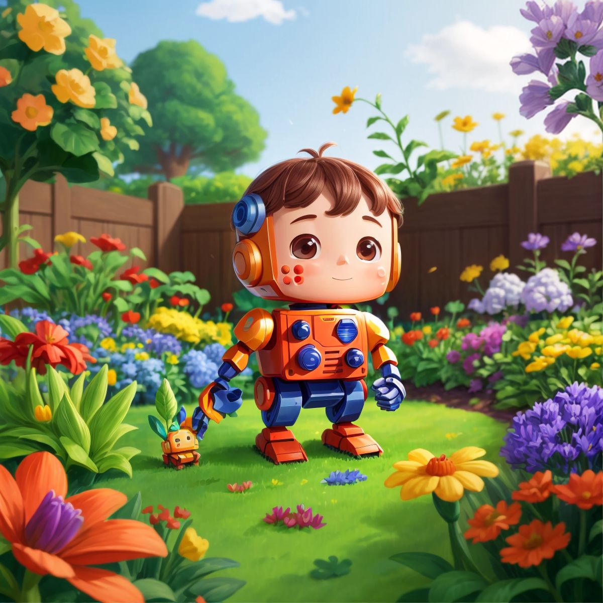 The robot gardening in a beautiful garden