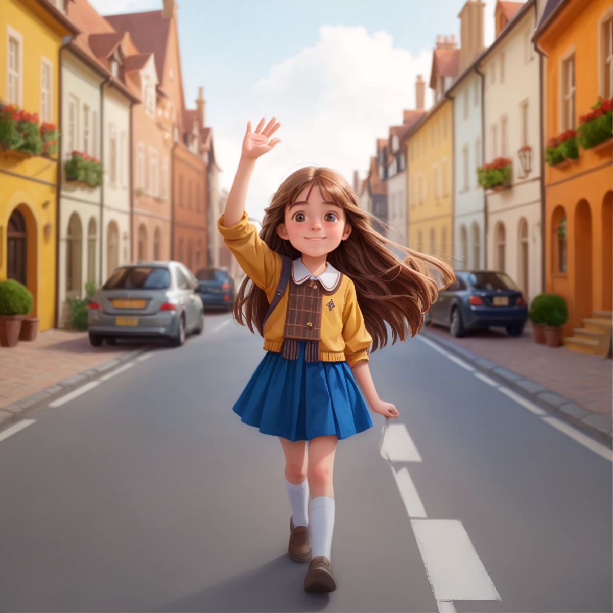 Eleanor happily walking down the street of her town, waving at her neighbors