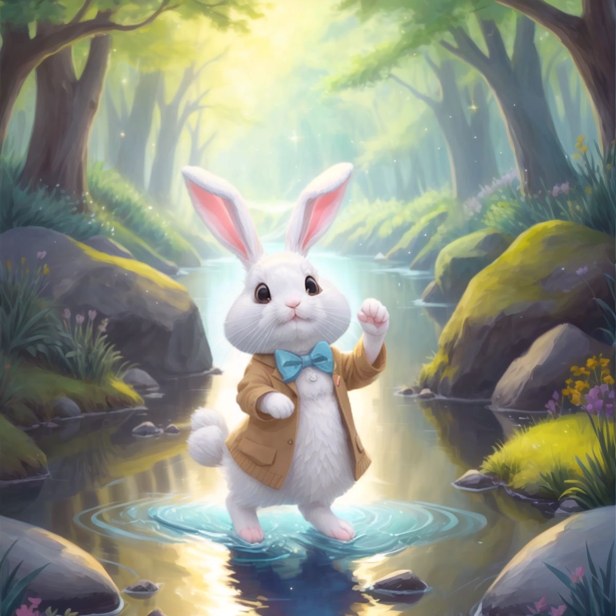 Bella the Bunny dipping her paw into a sparkling river