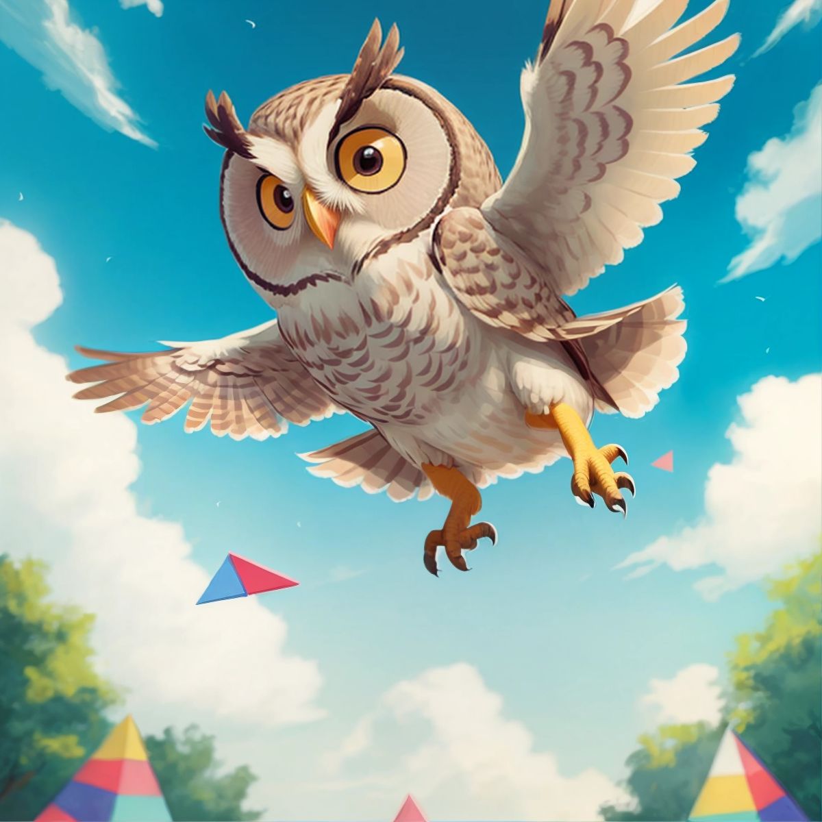 Oscar the Owl jumping on a triangular trampoline