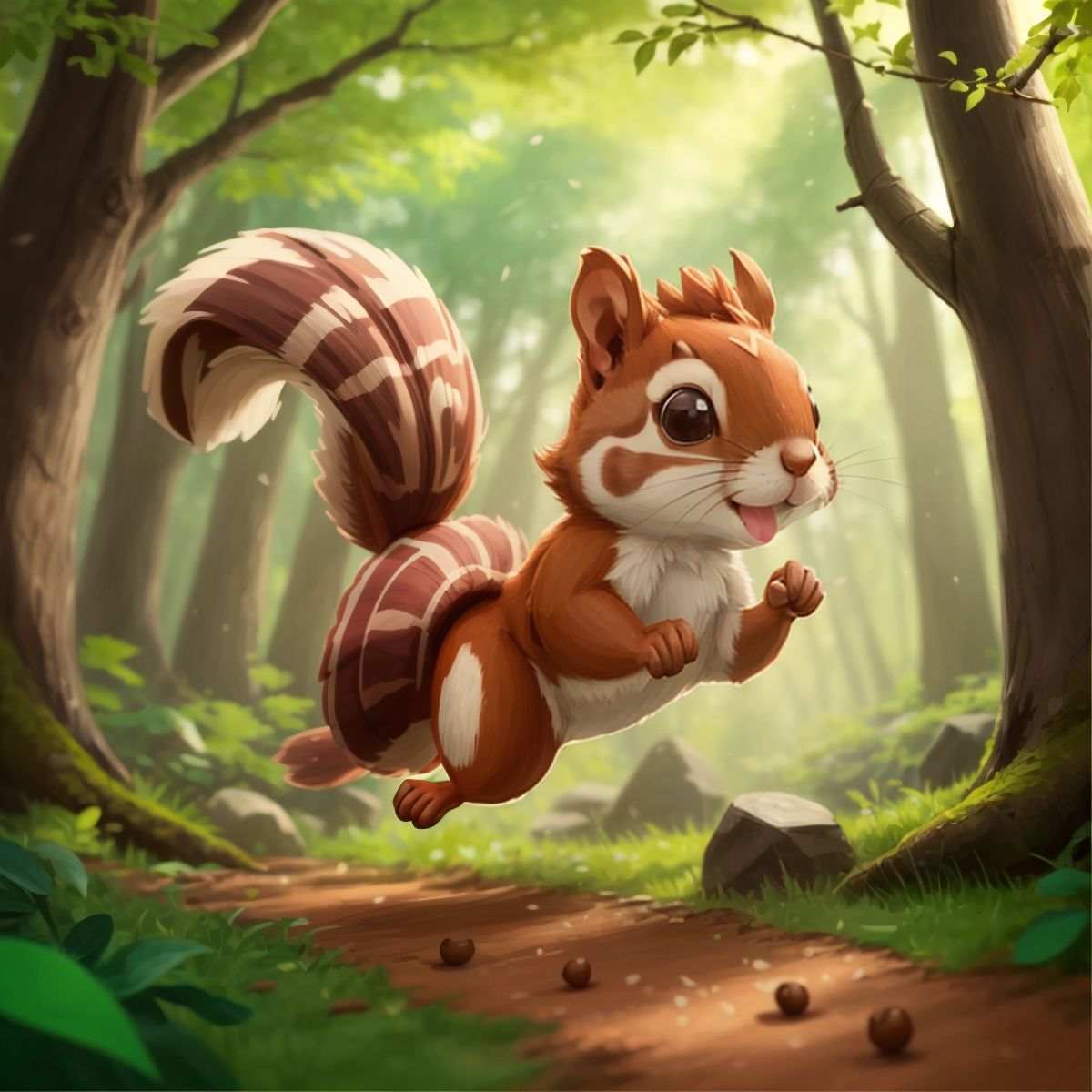 Speedy squirrel dashing through the forest with acorns in his paws