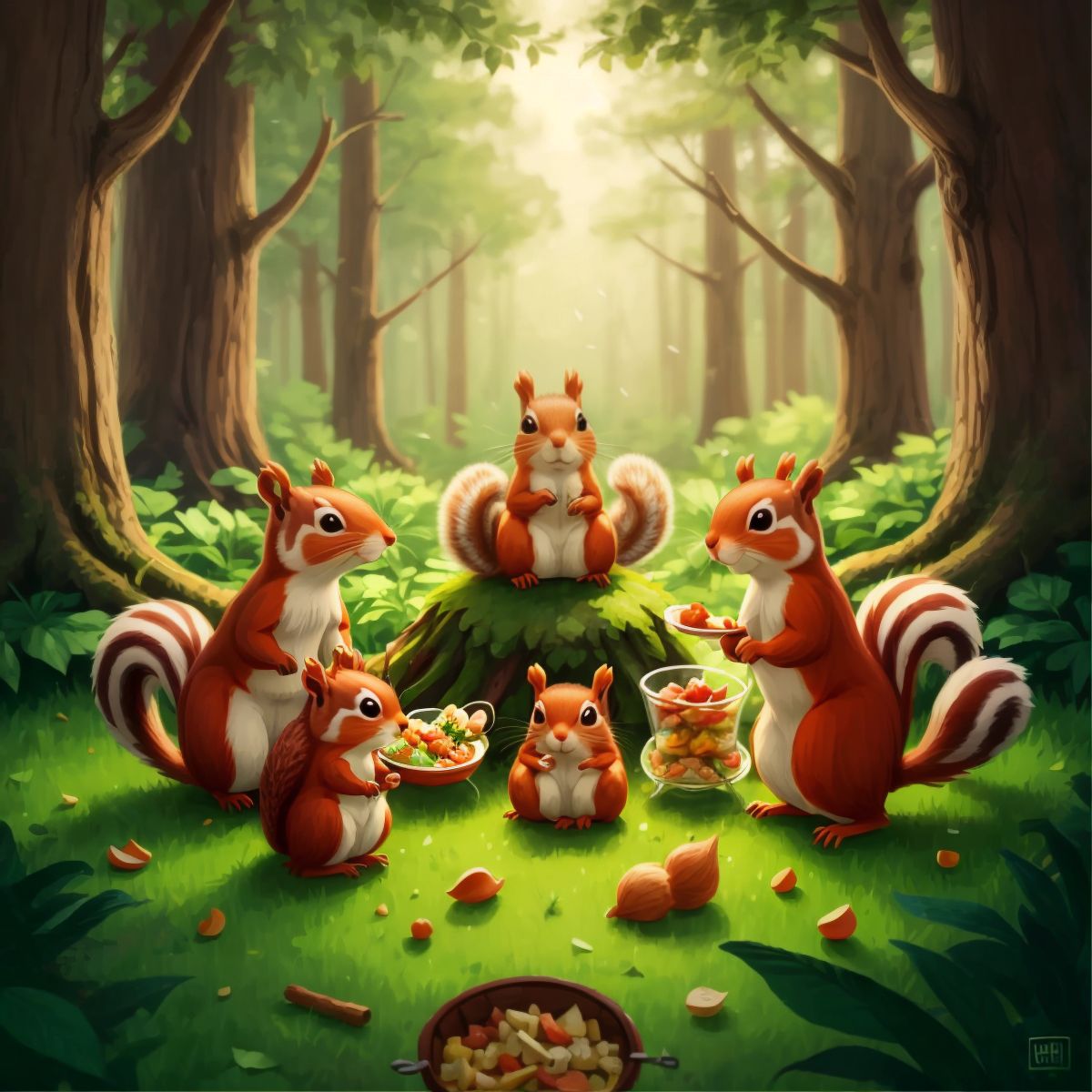 Squirrel family and forest animals gathered around a large pile of food