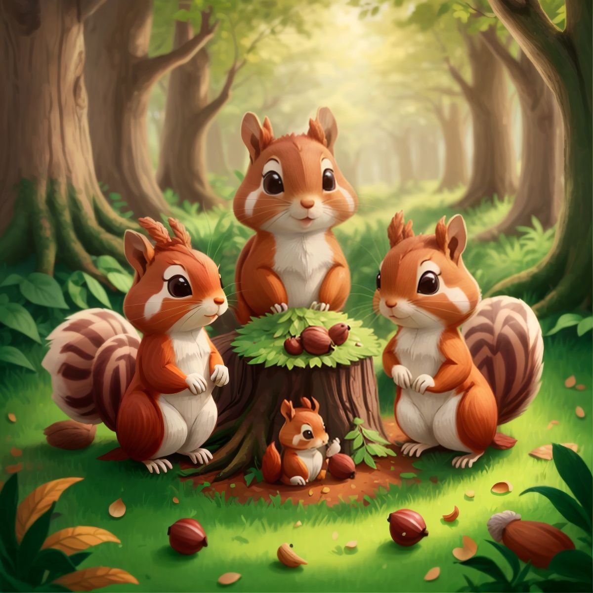 Squirrel family gathered around a pile of acorns