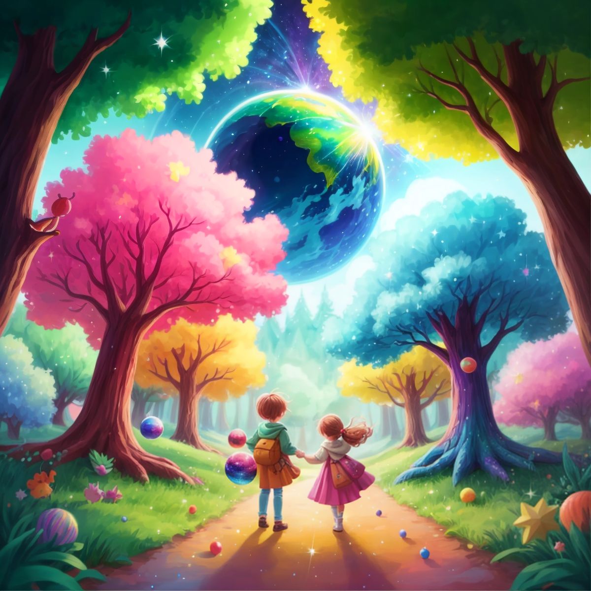 A magical planet filled with colorful creatures and sparkling trees