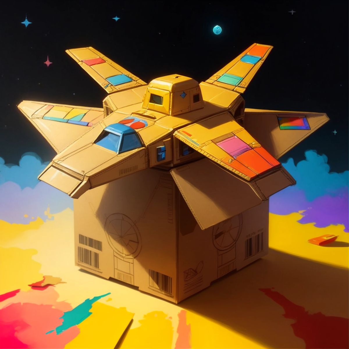 A spaceship made of cardboard boxes, colorful paints, and shiny foil