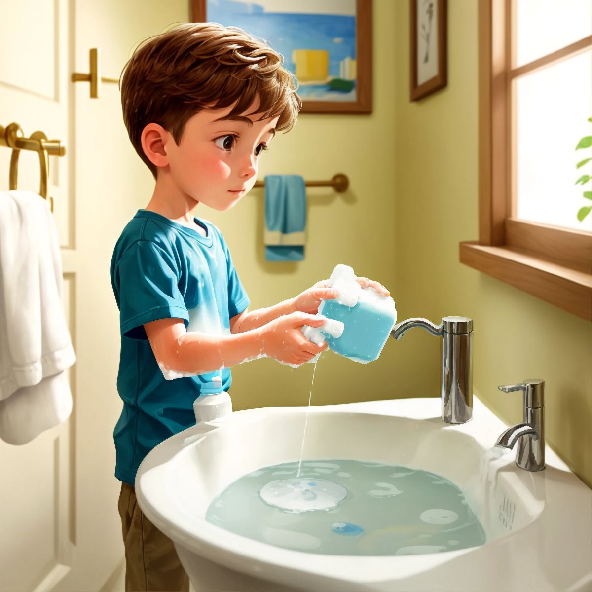 The boy washing his hands with soap