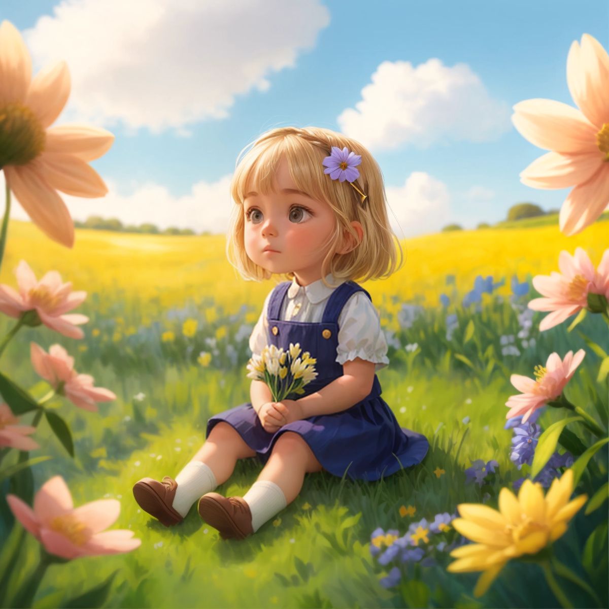 Hannah sitting in a field of blooming flowers