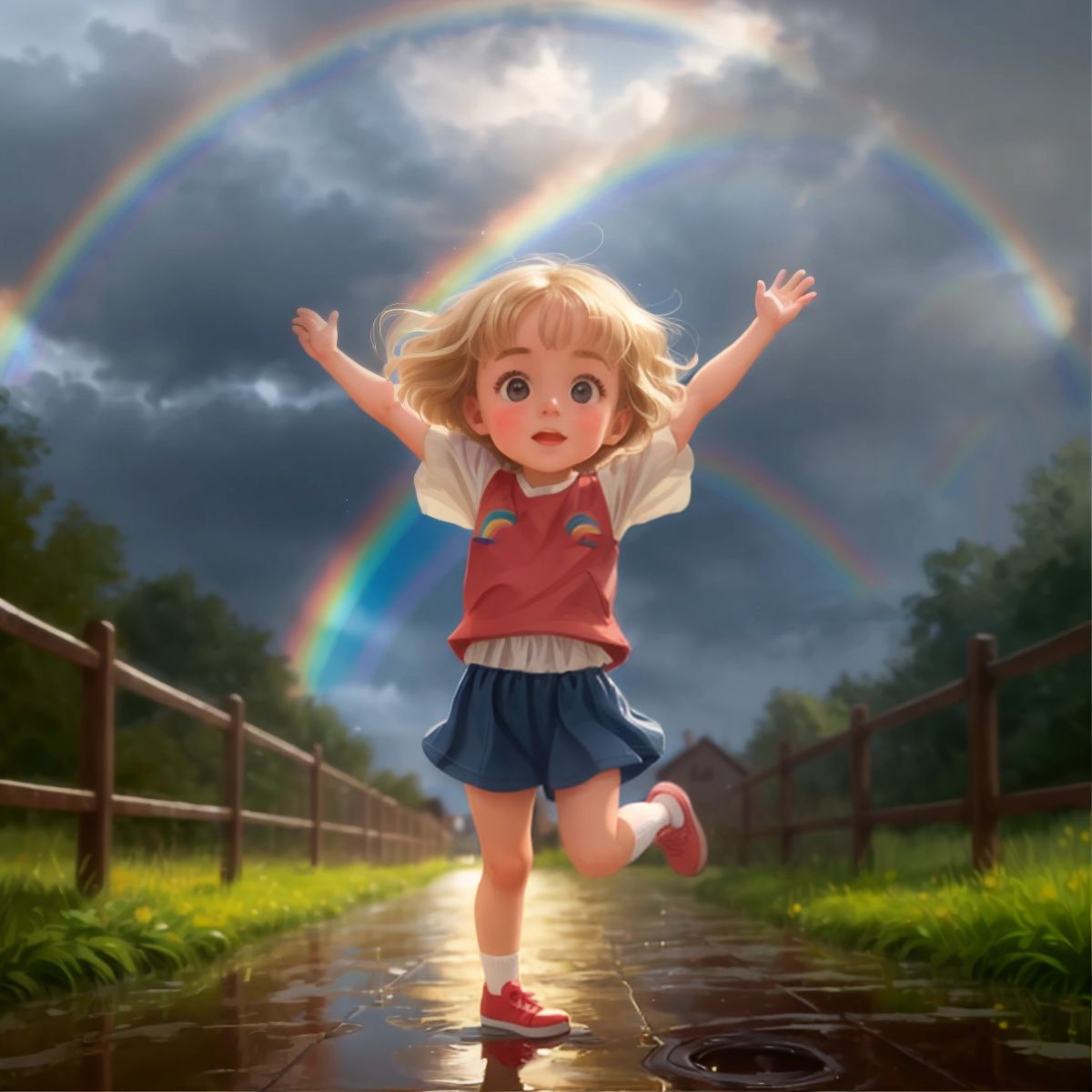 Hannah jumping in puddles under a rainbow