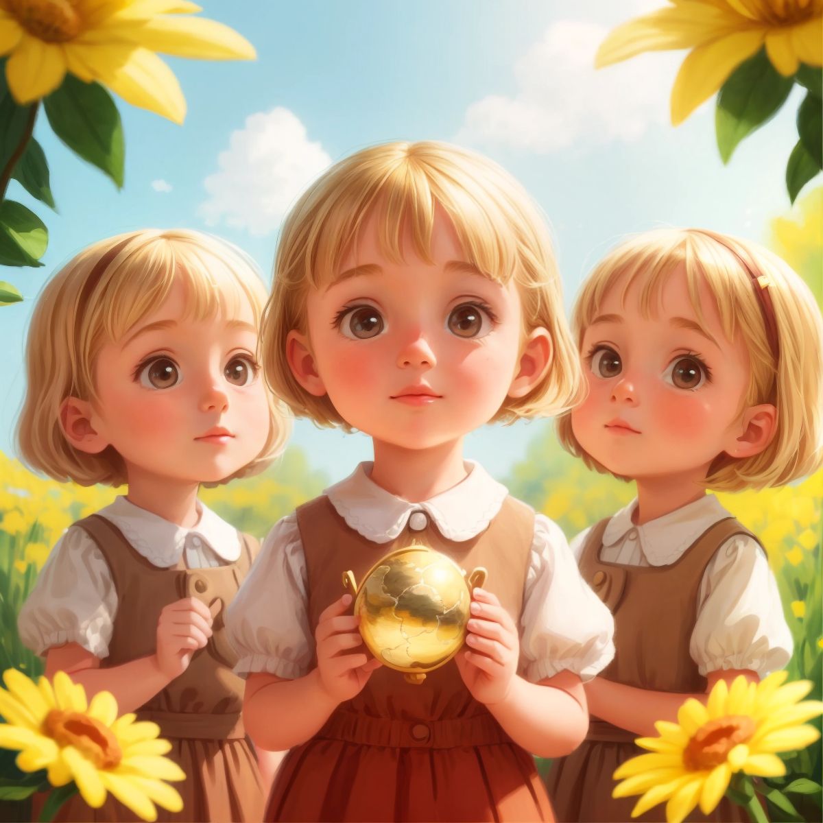 Hannah and her friends looking at a bright, shining world