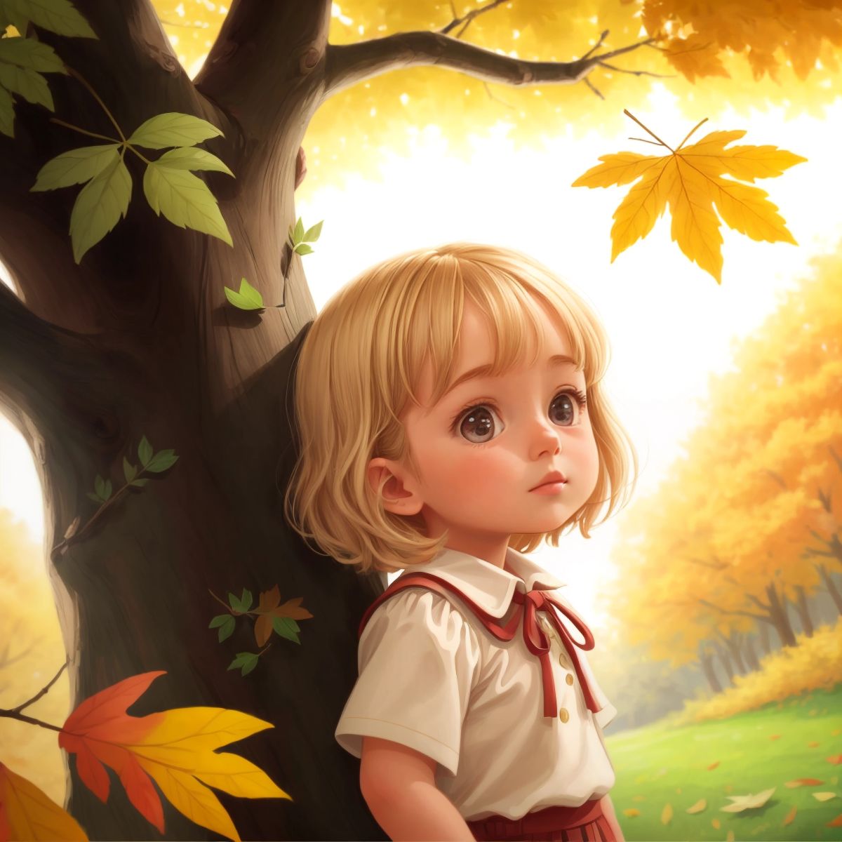 Hannah looking at a tree with leaves of all four seasons