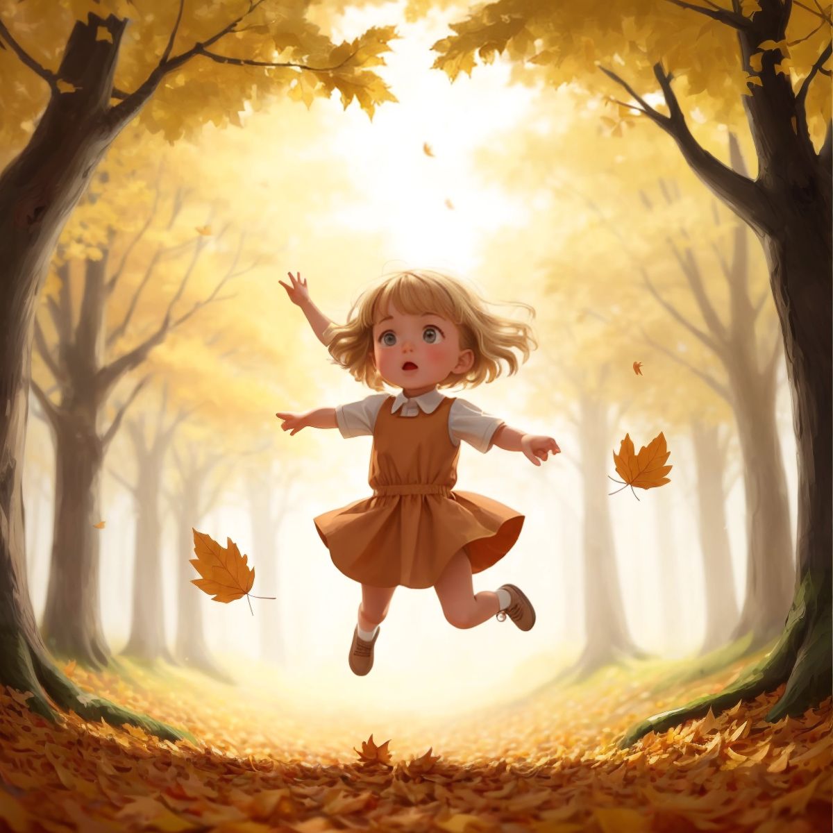 Hannah jumping in a pile of leaves