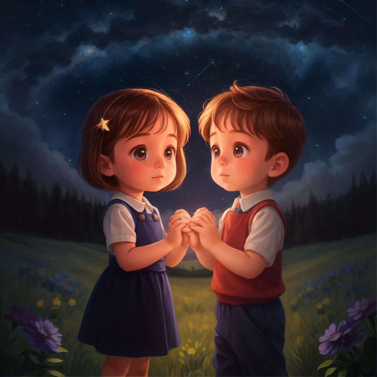 Two small hands holding each other with a starry sky in the background