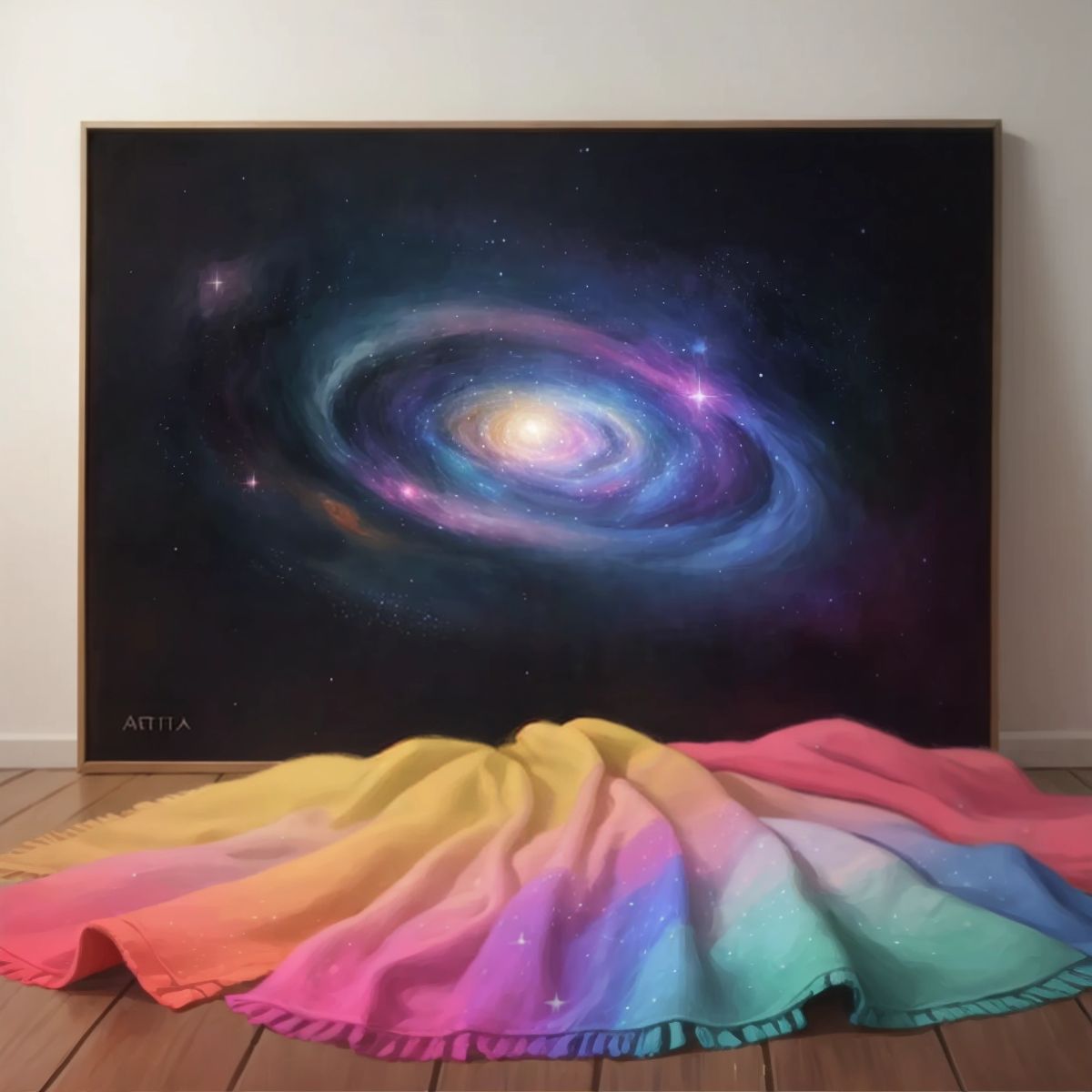 A soft blanket on the ground with a painting of colorful galaxies