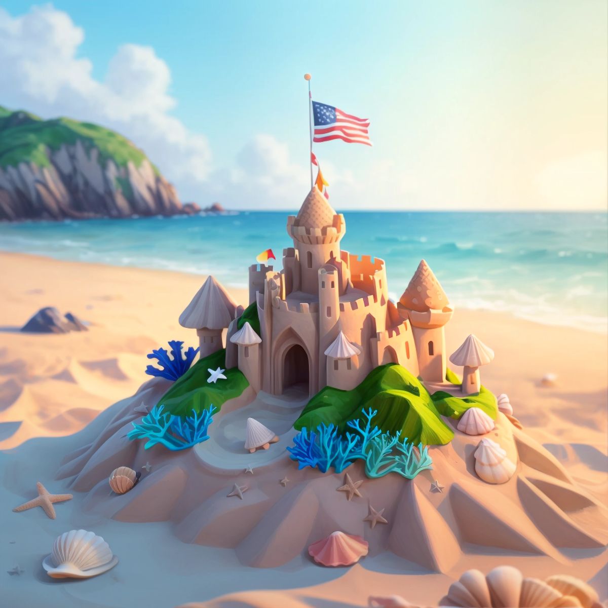 A magnificent sandcastle decorated with seashells, seaweed, and a little flag