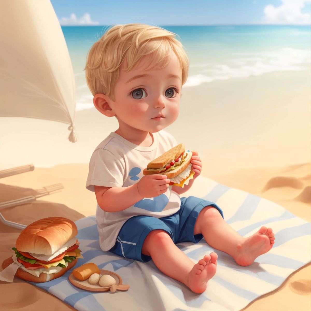 Zane sitting on a cozy beach blanket with a sandwich in his hand