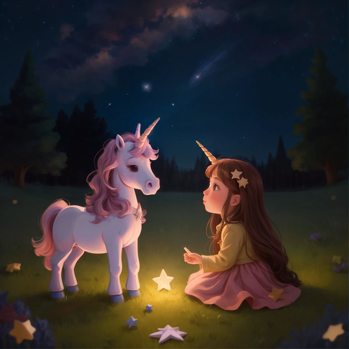 Twinkle speaking to Mia under a starry sky