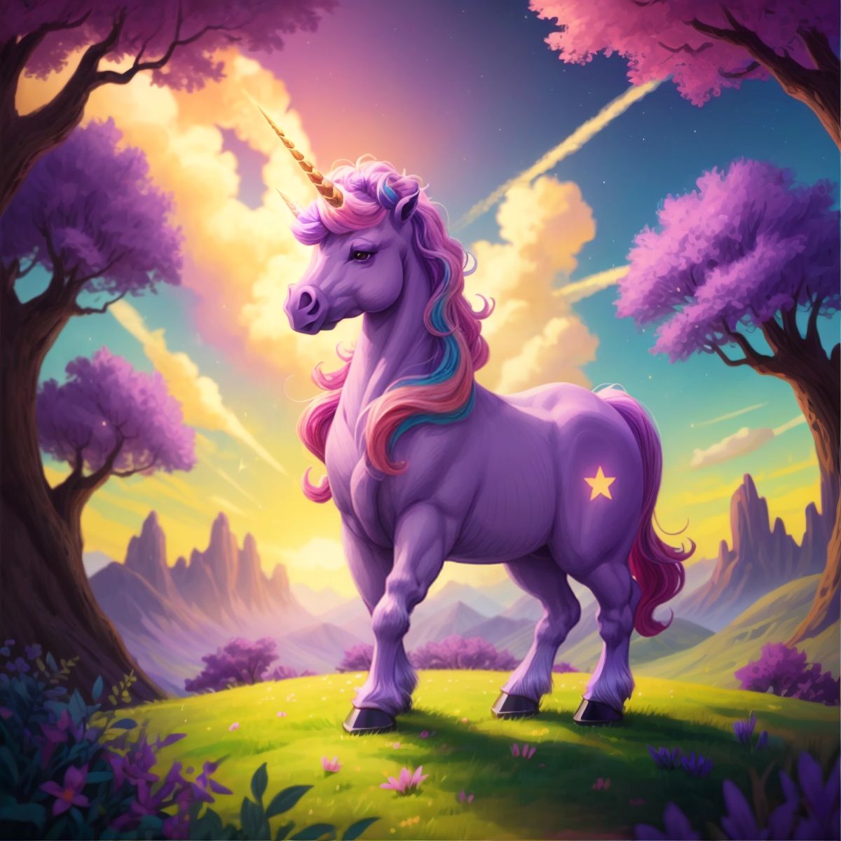 Twinkle the unicorn standing majestically with her shimmering horn and vibrant purple mane