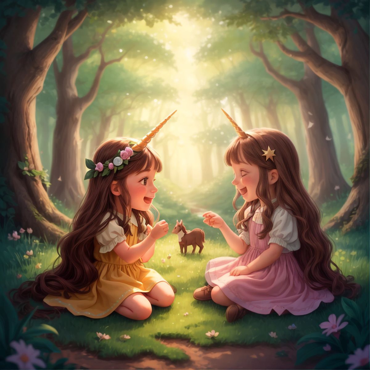 Twinkle and Mia laughing in a mystical forest