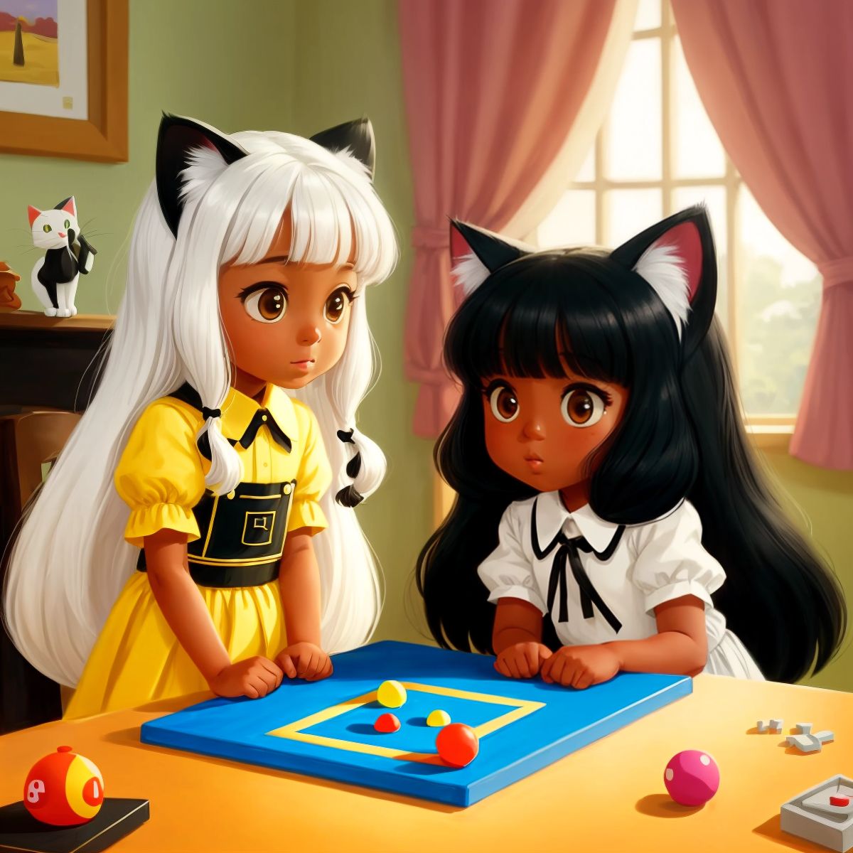 Playful cat named Lady watching Sofia solve a puzzle