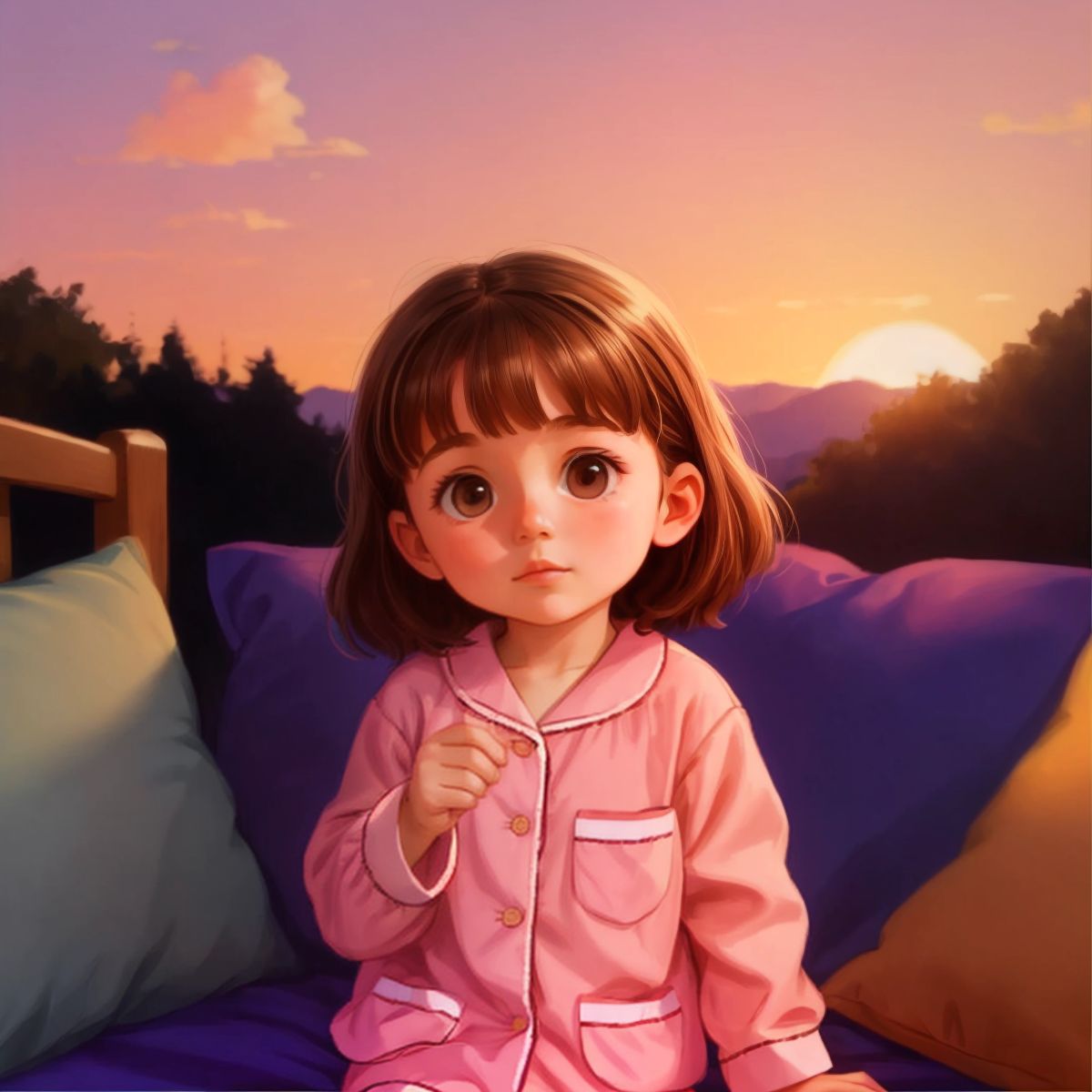 Capri wearing her cozy bedtime PJs, with the sunset in the background