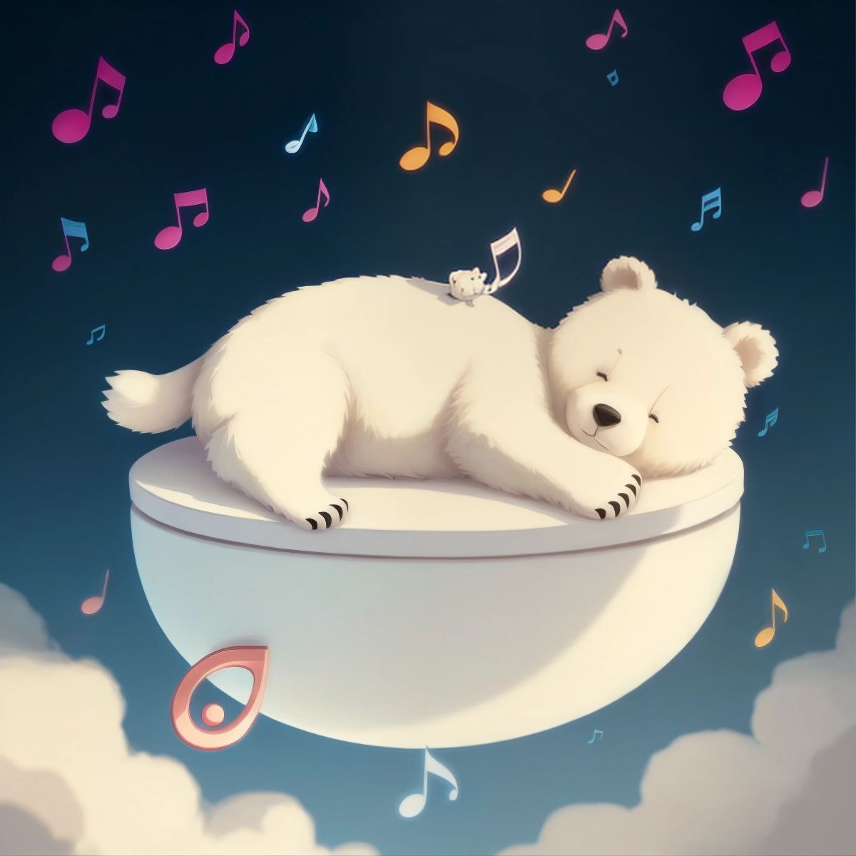 Teddy sleeping with a music note floating above him