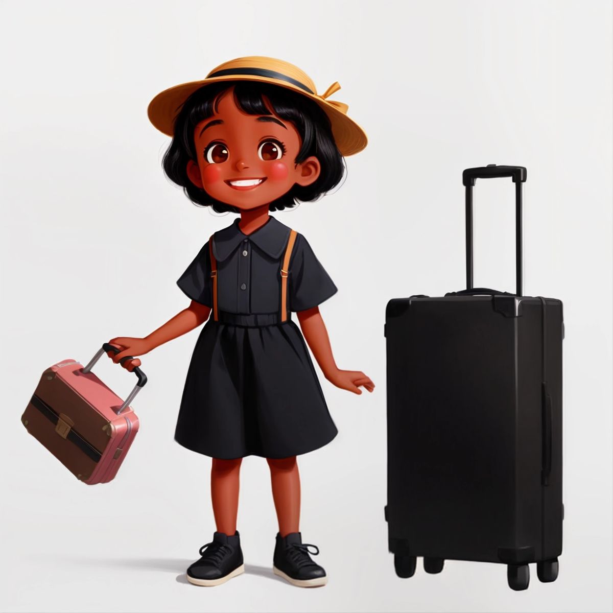 Marie Jean smiling with a suitcase in her hand