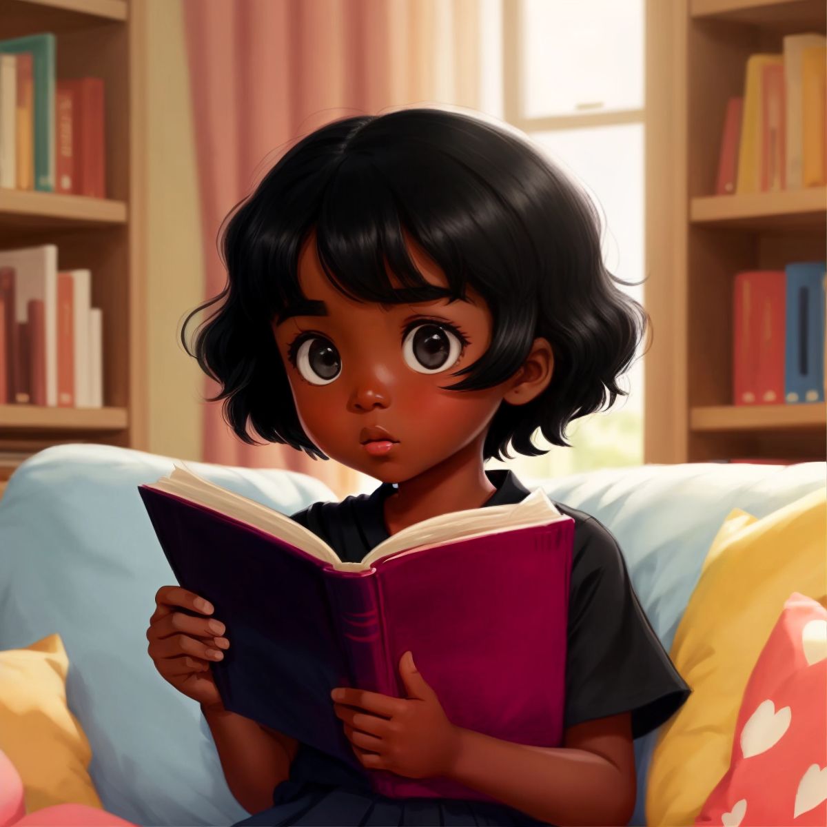 Marie Jean looking surprised while reading the book