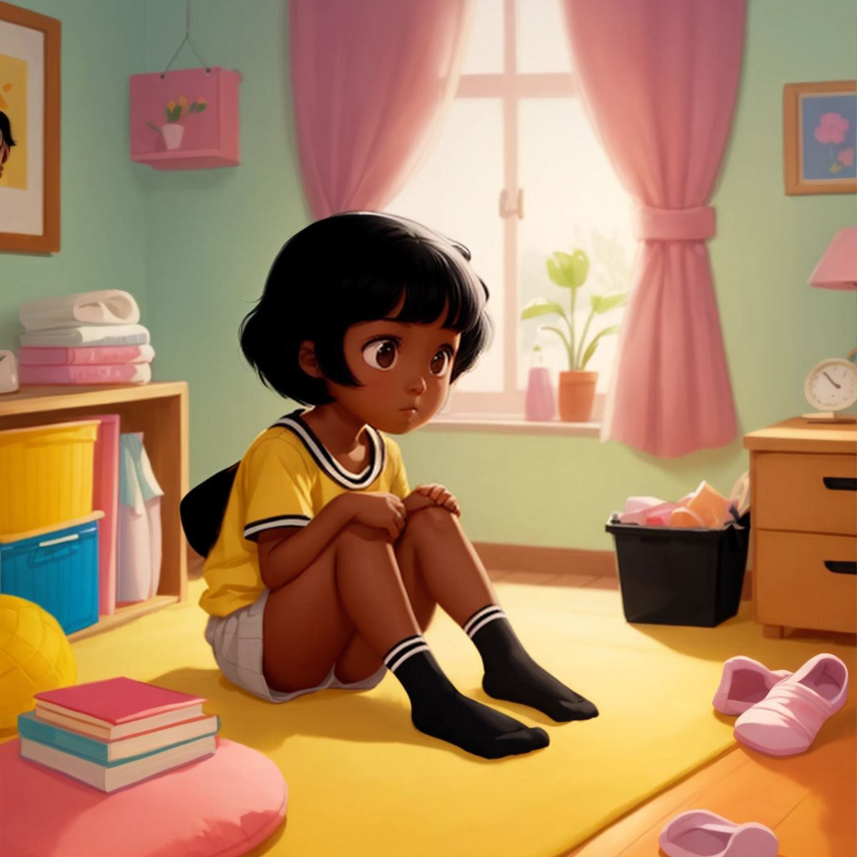 Marie Jean searching for her missing sock in her room