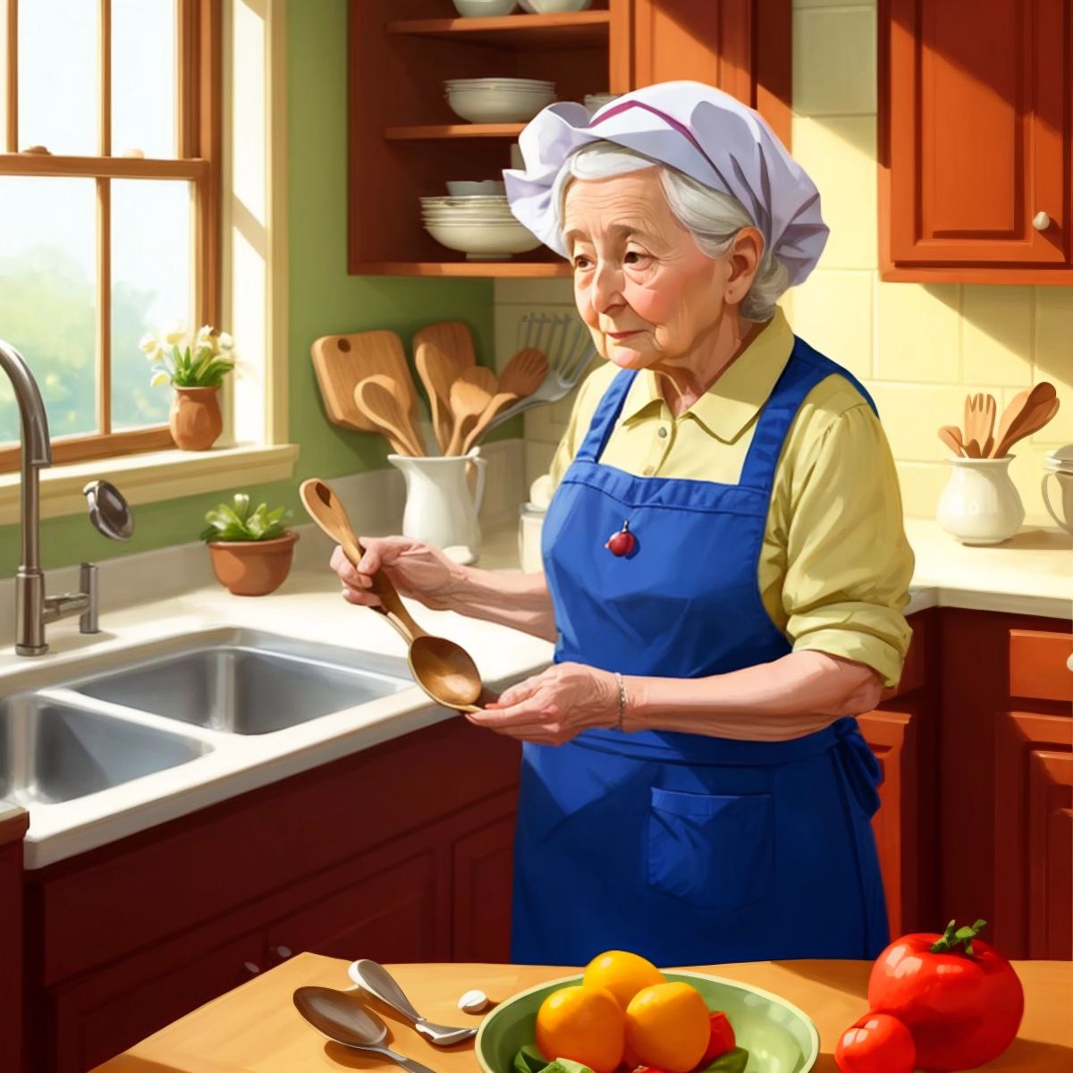 Marie Jean's grandmother looking in a kitchen drawer for a spoon