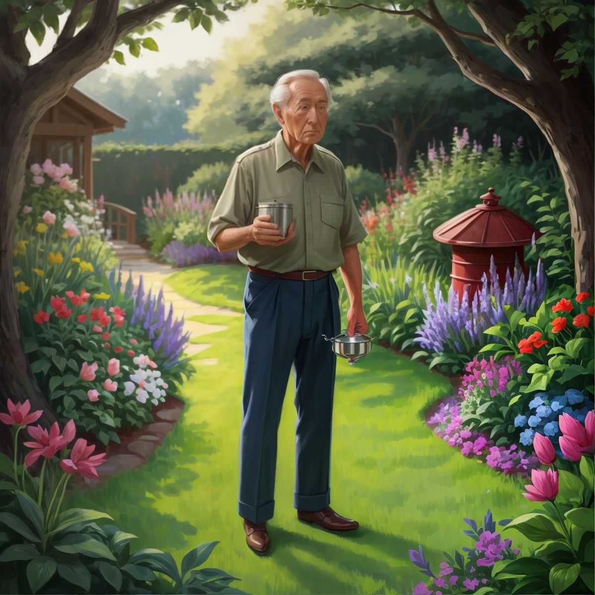 Marie Jean's grandfather searching for his tin cup in the garden