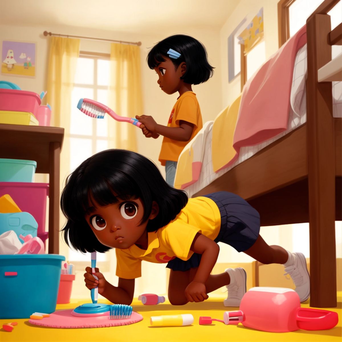 Marie Jean looking under her bed for her toothbrush