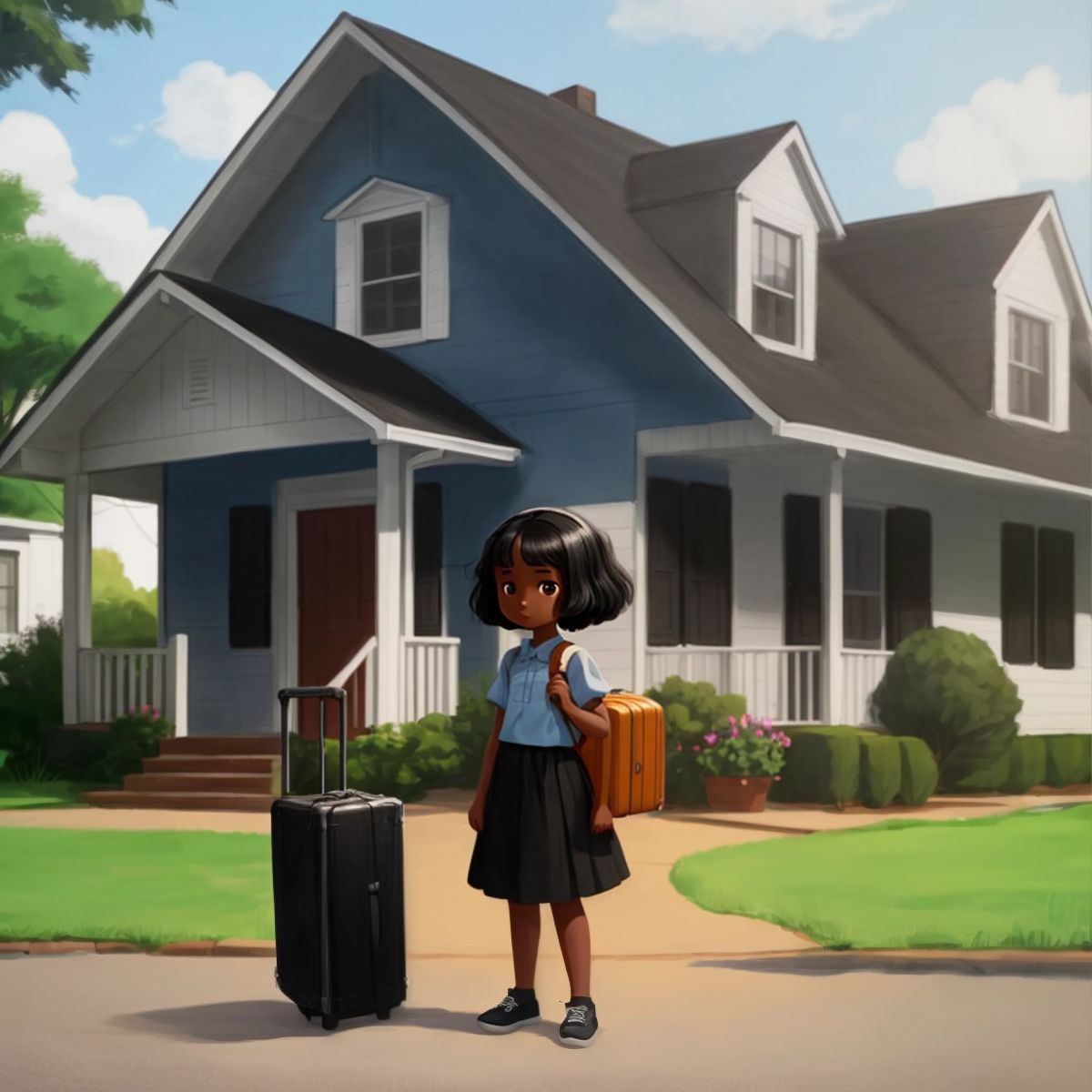 Marie Jean standing in front of a house, with a suitcase by her side