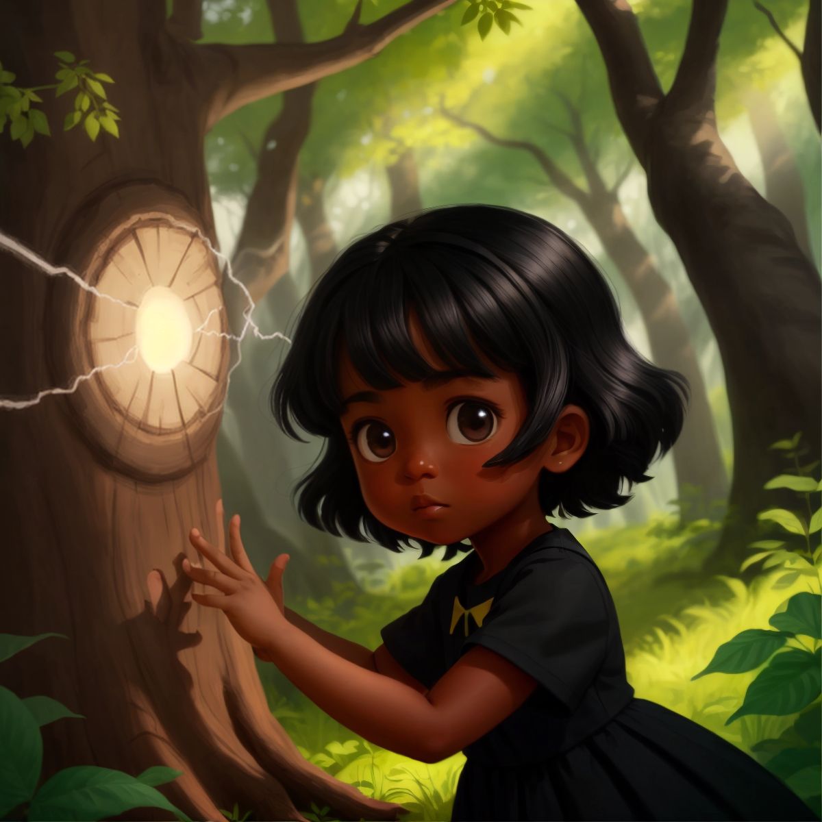 Marie Jean touching a tree, with a magical portal appearing