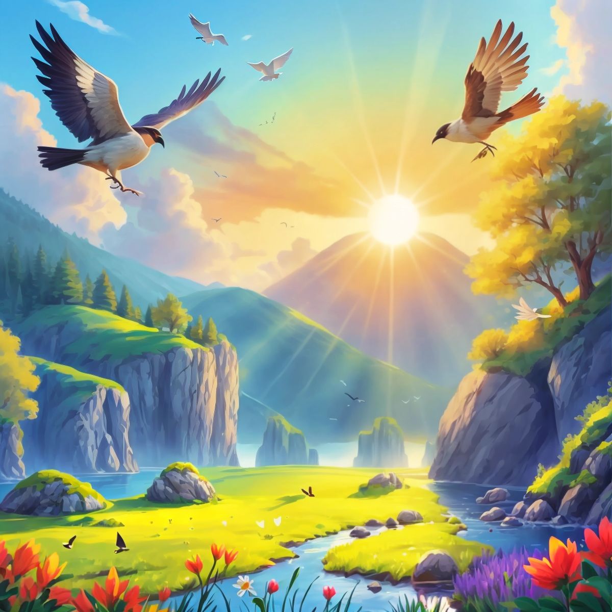 A beautiful natural landscape with the sun shining and birds flying