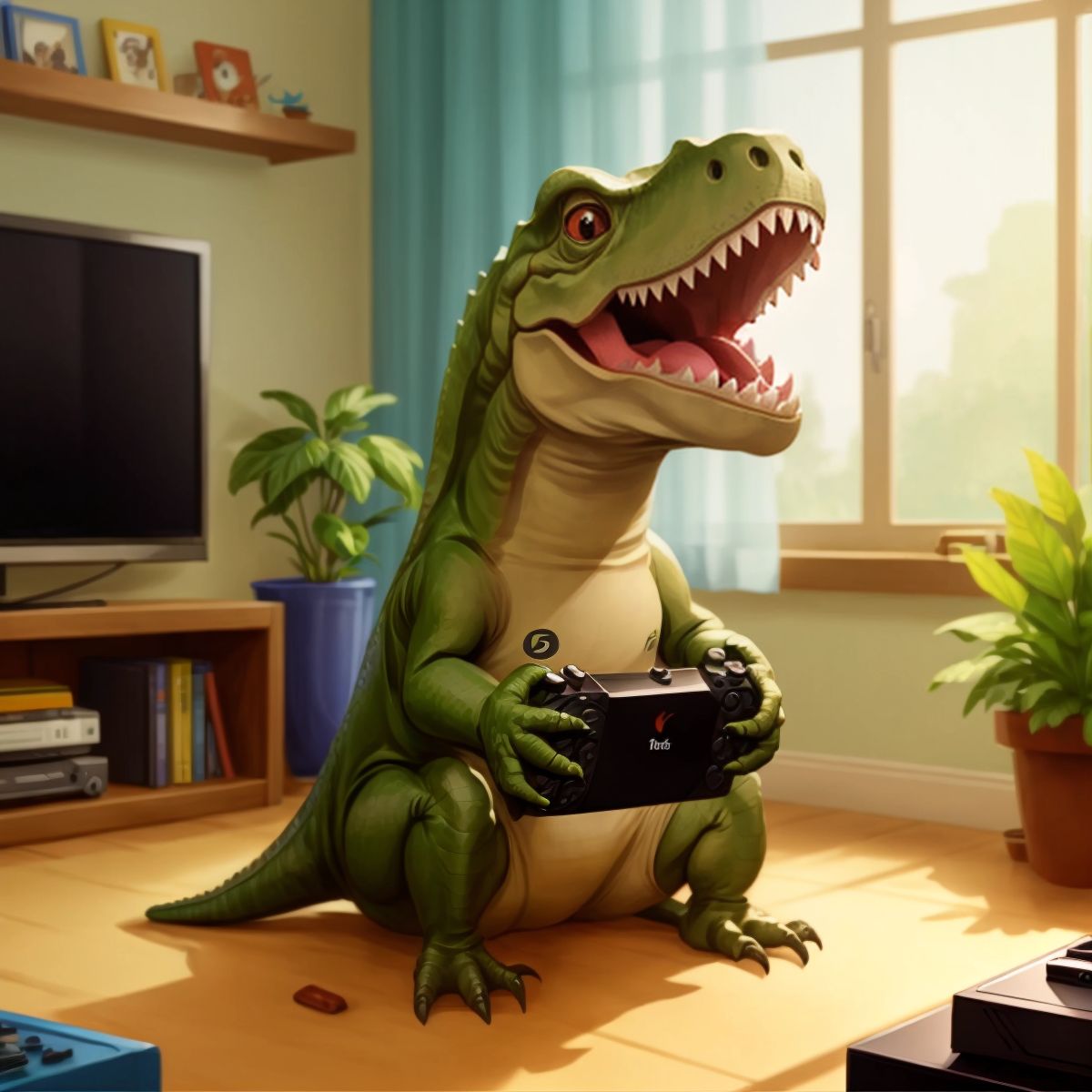 Tony, a little T-Rex, sitting in front of a video game console