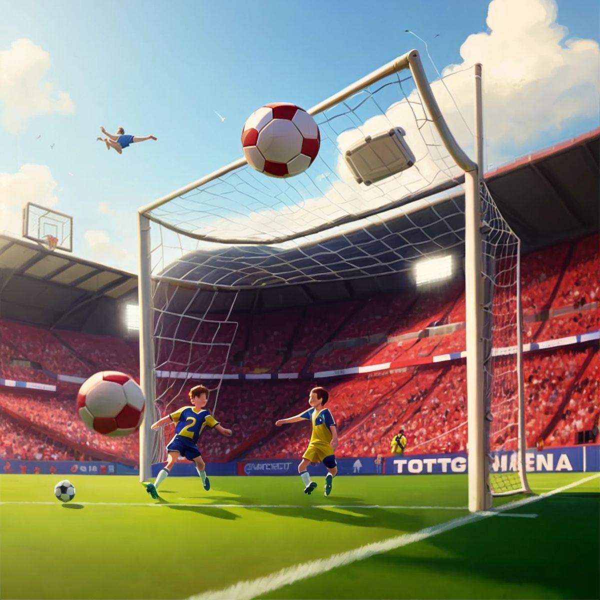 A football flying into the goal net