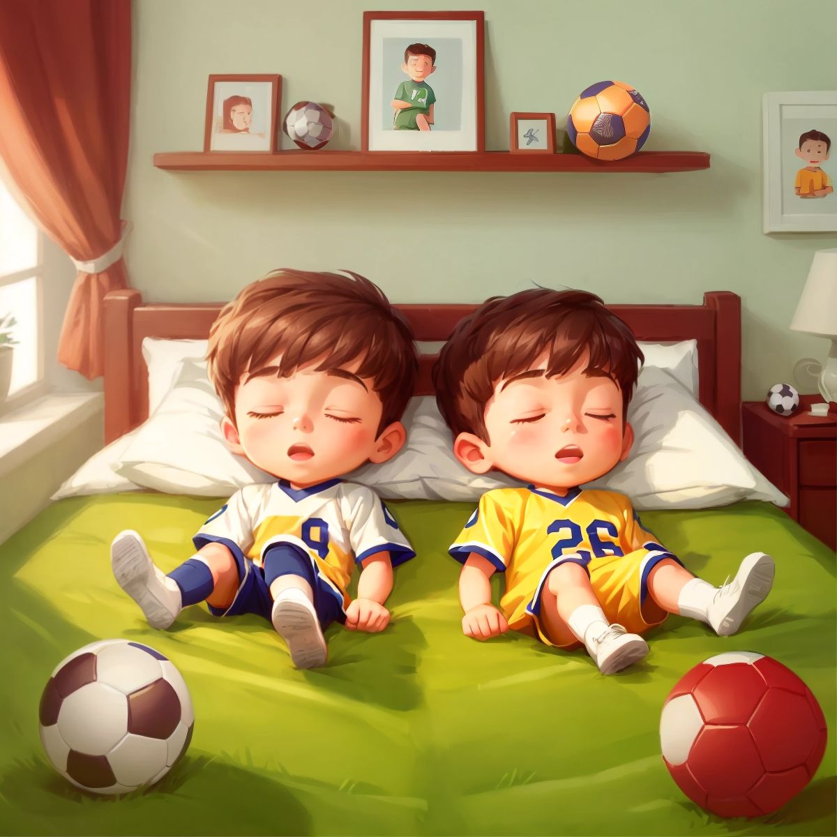 Kai and Alex in bed, with their eyes closed and a football next to them