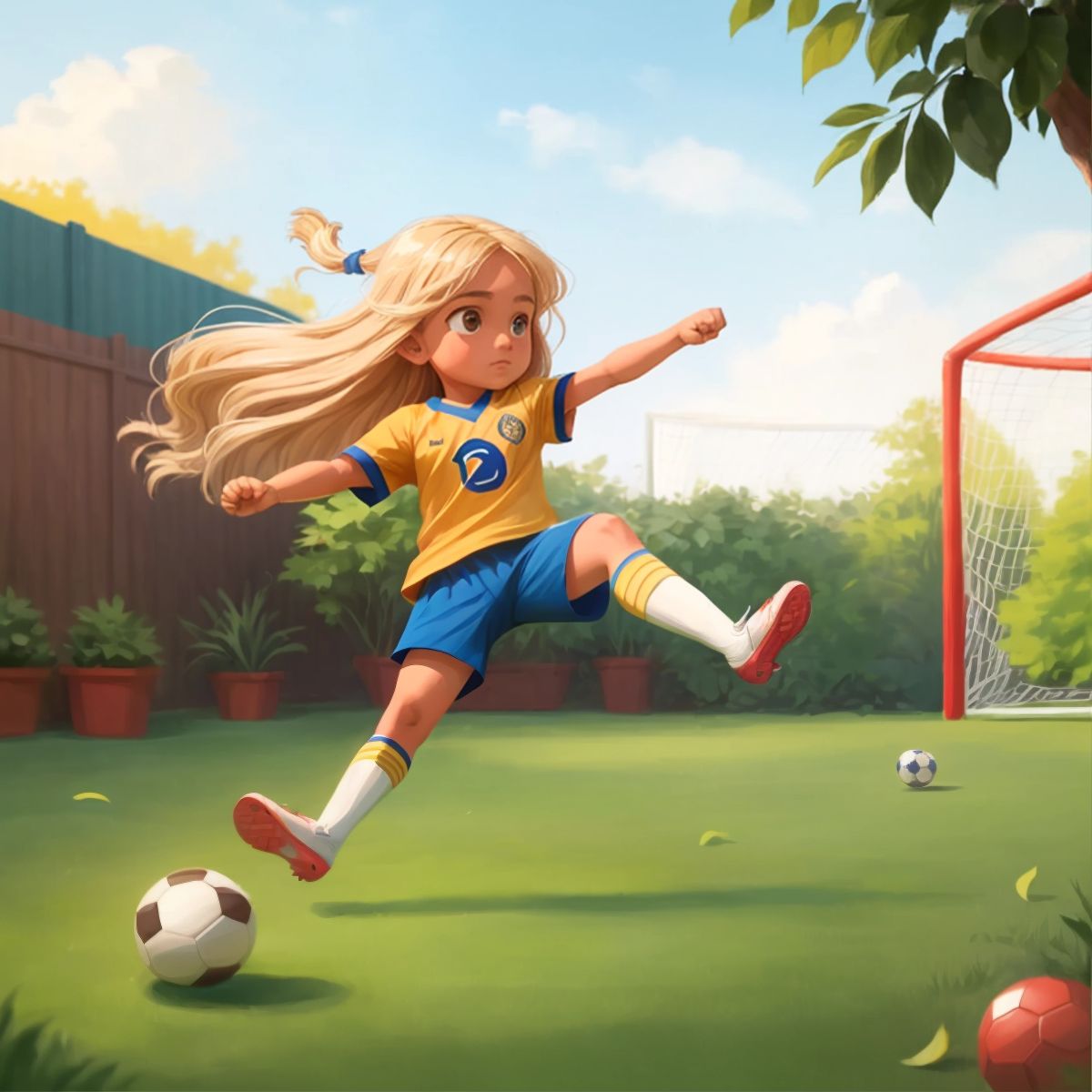 Cheyanne, a girl with long blonde hair, kicking a soccer ball