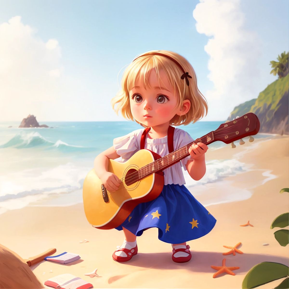 A rocking guitar on a lively beach