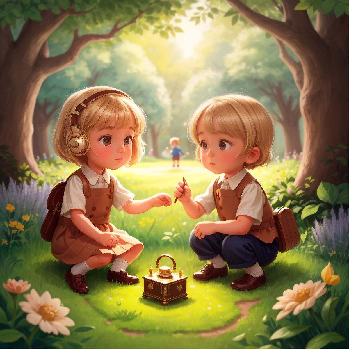 Penny and Riley discovering a music box in the bushes