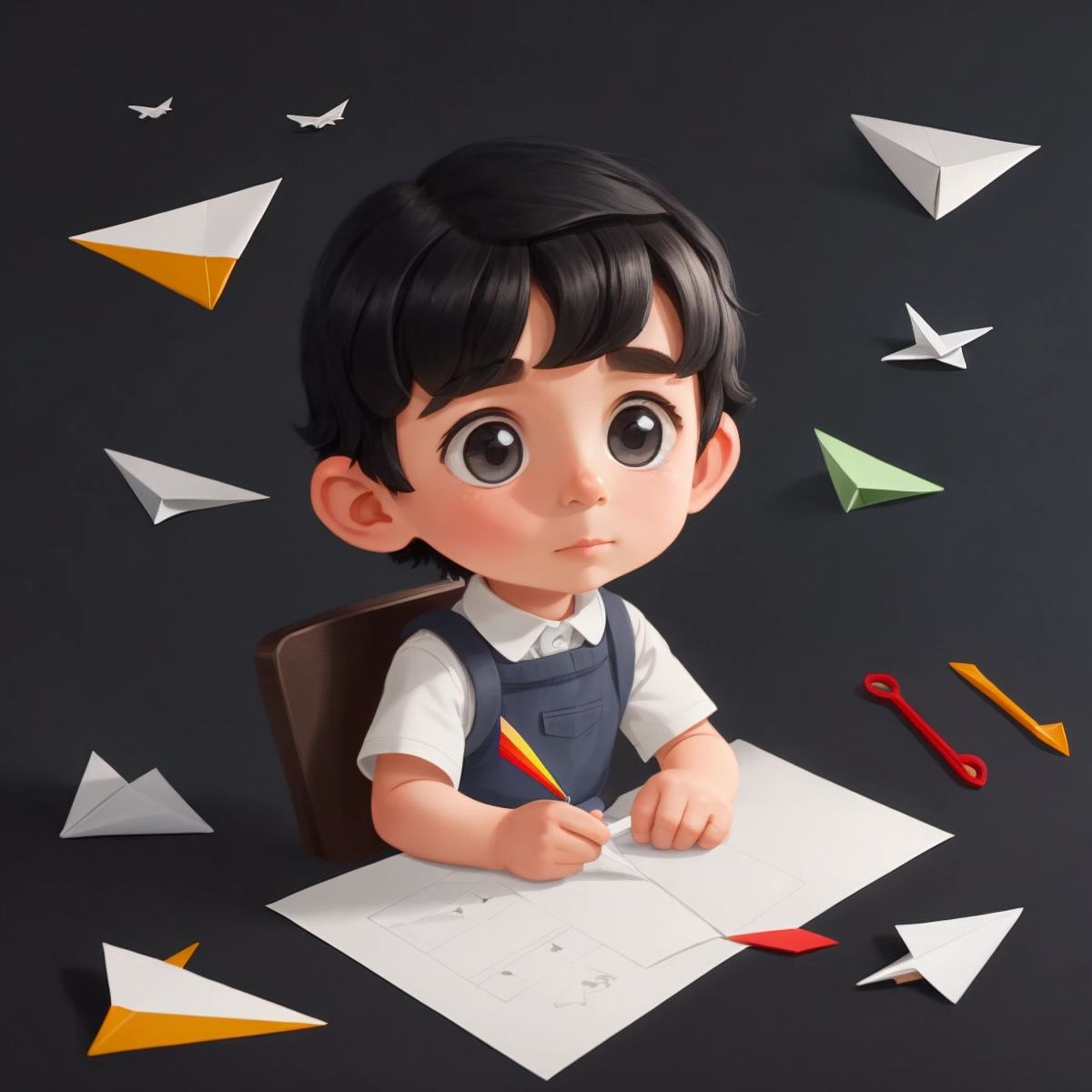 خالد crafting a paper airplane with colored papers and clips